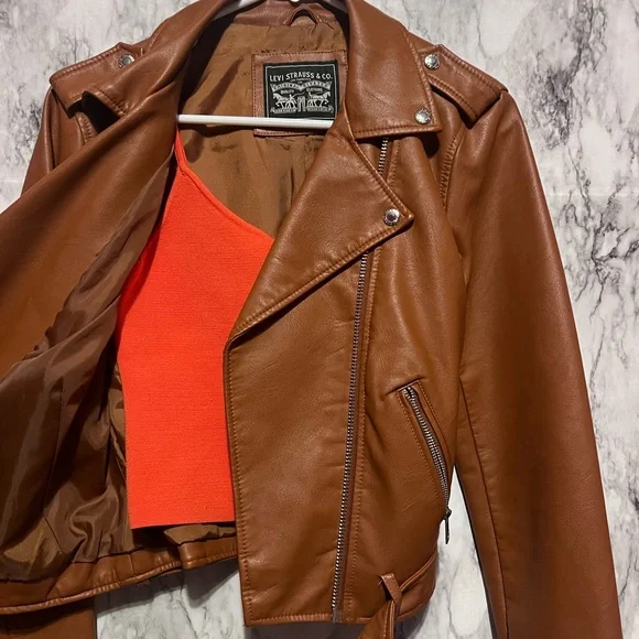 Levi's Faux Leather Belted Moto Jacket in Camel - Picture 9 of 9